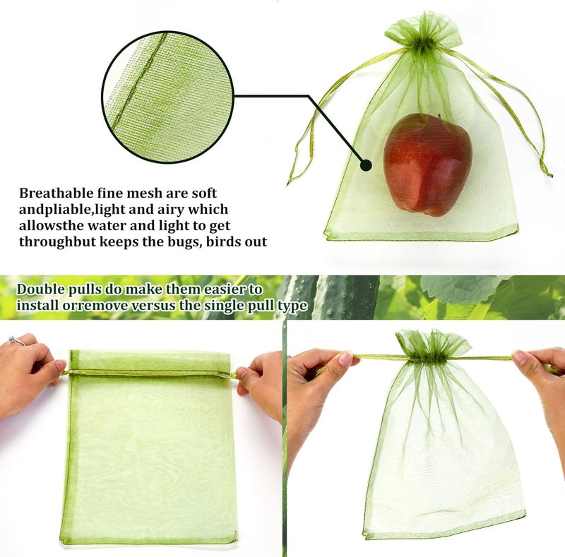 FloraSea 50 PCS 6X9 inches Fruit Protection Bags, Fruit Bags for Fruit Trees, Green Netting Fruit Cover Bags Drawstring Mesh Fruit Protectors Pest Barrier for Fruit Trees Veggies Garden - Image 3
